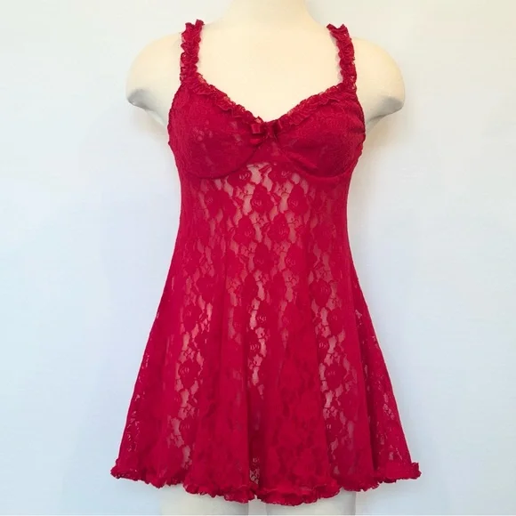 Cinema Etoile Cherry Red Stretch Lace Fit & Flare Babydoll Nightie Slip Dress M